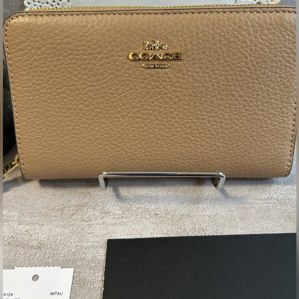 Coach Wallet color Taupe Medium Zip-Around Gold Hardware Pebbled Leather